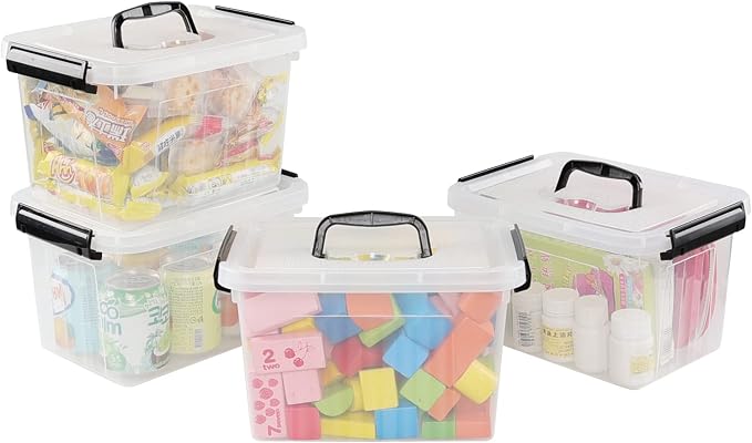Ramddy 6 Quart Plastic Latching Storage Bin, 4 Pack Container Box with Lid | See Through Clear