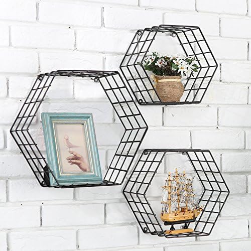 MyGift Black Metal Wall Mounted Crystal Display Shelf, Modern Wire Decorative Floating Shelves for Bedroom Living Room O
