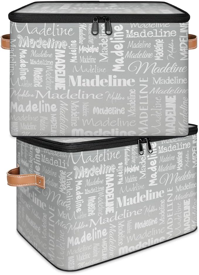 Custom Storage Basket with Name, Personalized Keepsake Box with Zipper Lid, Foldable Fabric Memory Bin Large capacity with Handle Grey