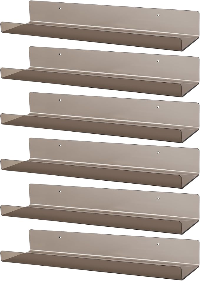Dezzer 6 Pack Acrylic Shelves for Wall, 15" Acrylic Floating Shelves for Bathroom Bedroom, Invisible Bookshelf Wall Ledge Storage Shelf Books Perfume Toys Action Figure Display Shelves, Clear Gray