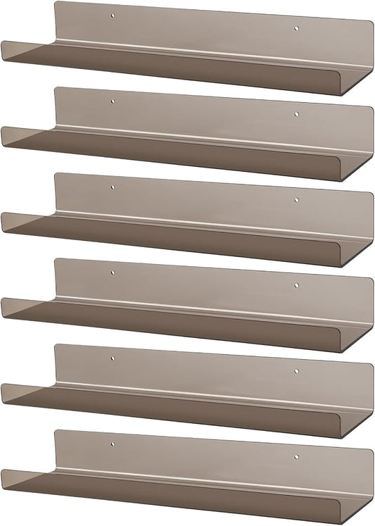 Dezzer 6 Pack Acrylic Shelves for Wall, 15" Acrylic Floating Shelves for Bathroom Bedroom, Invisible Bookshelf Wall Ledge Storage Shelf Books Perfume Toys Action Figure Display Shelves, Clear Gray
