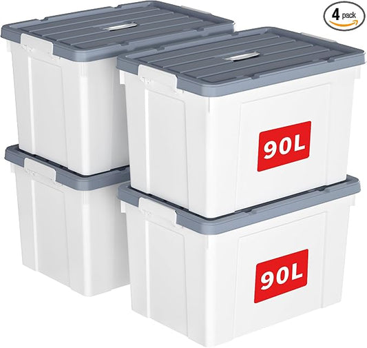 Cetomo Lidded Storage Bin with Handle, Tote Organizing Container with Wheels, Lid and Secure Latching Buckles, Stackable and Nestable, Plastic, 95 Quart-4 Pack, White