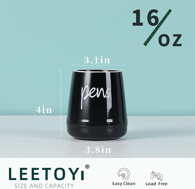 LEETOYI Ceramic Farmhouse Pen Holder for Desk, Pencil Organizer 16oz (Black)