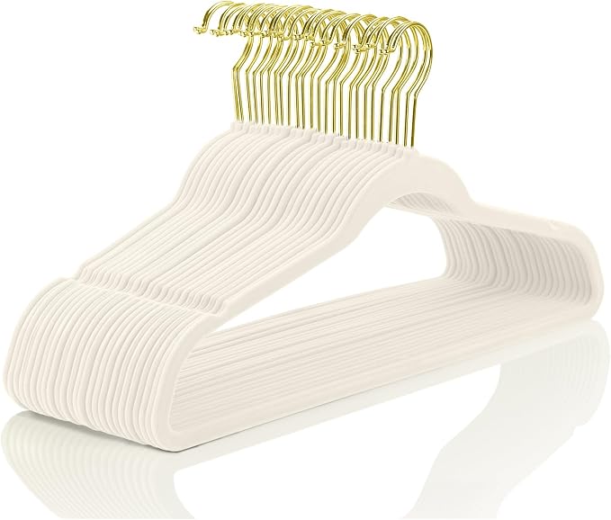 MIZGI Premium Velvet Hangers Pack 40 Pcs Heavy Duty - Non Slip Felt Hangers - Velvet Suit Hangers Ivory with Gold Hooks,Space Saving Clothes Hangers