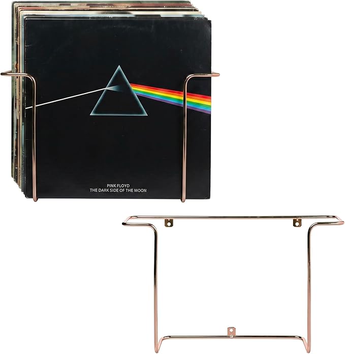 MyGift Modern Metal Wire Wall Mounted Vinyl Records Storage Racks, Hanging LP Record Holders, Floating Album Cover Display Shelves, Set of 2 (Modern Copper-2 Pcs)