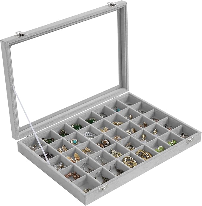 Stratalife 40 Grid Earring Organizer: Jewelry Holder Organizer Box with Clear Glass Lid, Velvet Jewelry Storage for Studs, Earrings, Rings, Necklace with Removable Dividers for Dresser, Grey