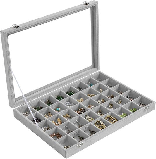 Stratalife 40 Grid Earring Organizer: Jewelry Holder Organizer Box with Clear Glass Lid, Velvet Jewelry Storage for Studs, Earrings, Rings, Necklace with Removable Dividers for Dresser, Grey