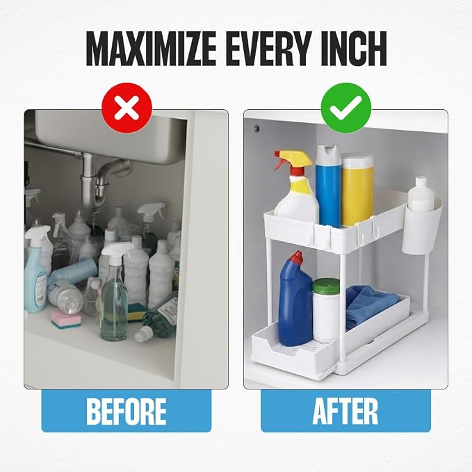 Undersink Organizer, 2-Tier Under Sink Storage Rack with Sliding Drawers for Kitchen Bathroom Cabinets, Pull Out Organizer for Pantry, Laundry Room & Closet Organization - 2 Pack, White