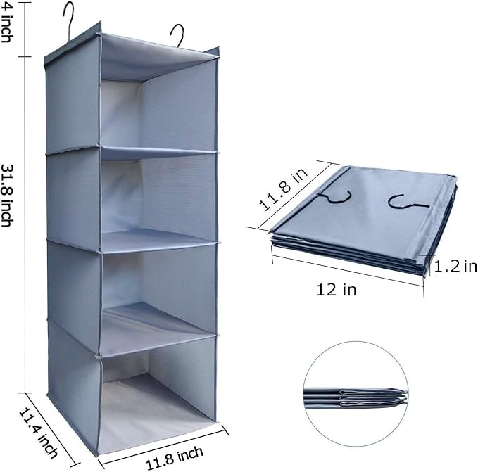 Hanging Closet Organizer 4-Shelf, Oxford Fabric Wardrobe Storage, Gray | Easy-mount foldable design holds clothes, handbags, shoes & accessories; washable Oxford fabric, sturdy and space-saving.