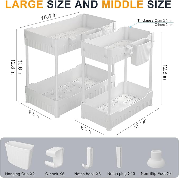 Sevenblue 2 Pack Under Sink Organizer, Under Bathroom Cabinet Organizer with Hooks Hanging Cup, Multi-Purpose Storage Shelf for Kitchen Bathroom (White, 12.8 Inch)