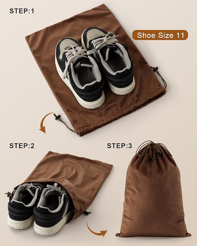 2 Pcs Shoe Bags for Travel, Dust Velvet Bag, Mocha Mousse, 17.3x12.6 Inch | Washable & Reusable Travel Shoe Bags, Dustproof Shoe Bags with Drawstring Closure, Suitable for Travel, Home Storage