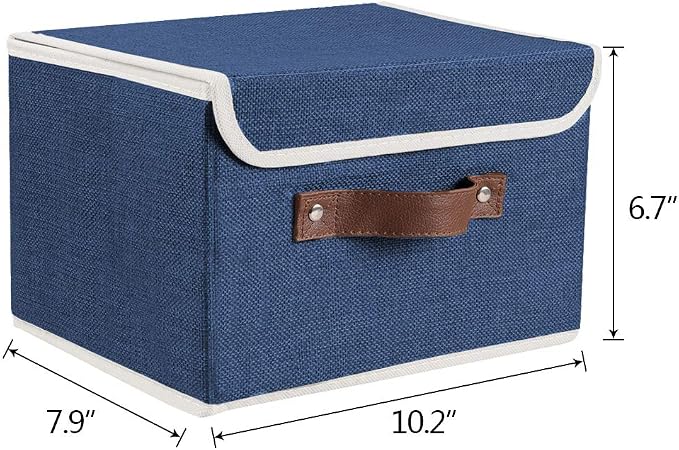 2Pack Storage Bins Boxes with Lids 10" x 8" x 7" Decorative Storage Baskets | Cotton Linen Fabric, Collapsible, Faux Leather Handles, Storage Cubes, Closet Shelf Clothes Organizer Container, Blue