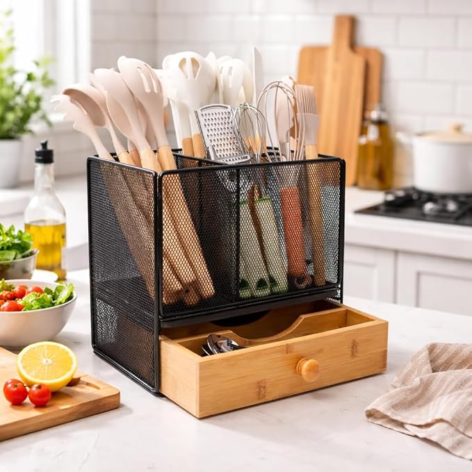 Kitchen Utensil Holder Countertop, Extra Large Utensil Organizer with Drawer, 2-Tier Utensil & Silverware Organizer for Kitchen Counter, Cooking Utensil Cutlery Caddy, Quick Dry Diatomite Base