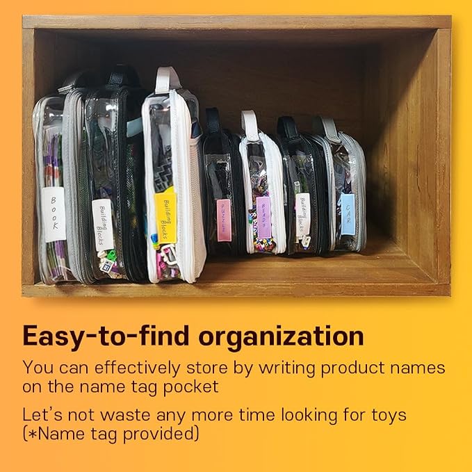 holay 4 Packs PVC Toy Storage Organizer with Zipper, Name Tag & Manual Pocket, Clear Durable Case for Blocks, Clay, Board Games, Travel (Gray, Small, Large)