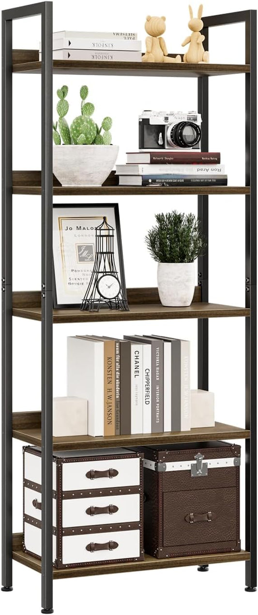 NUMENN Bookshelf, 5 Tier Bookshelves, Home Office Bookcase Shelf Storage Organizer, Free Standing Storage Shelving Unit for Bedroom, Living Room and Home Office, Dark Walnut