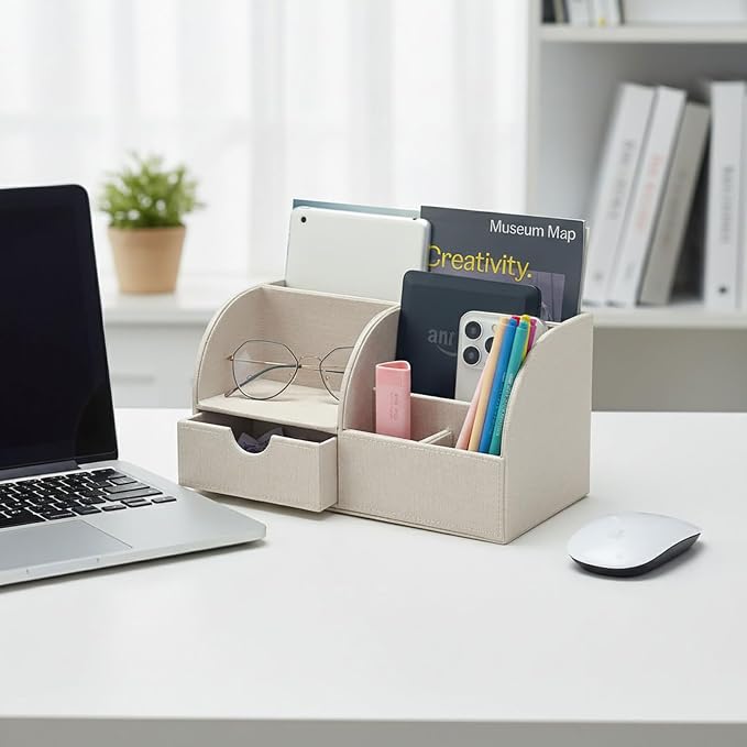 UnionBasic Desk Organizer - Multifunctional Leather Desktop Pen Holder Storage Box - Business Card/Pen/Pencil/Mobile Phone/Stationery Holder, Beige