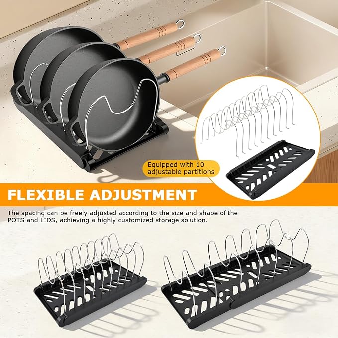 Pots and Pans Organizer for under Cabinet, Expandable Pot Lid Holder with 10 Adjustable Compartment, Pan Organizer Inside Cabinet for Lids & Cookware(COLOR:Black)