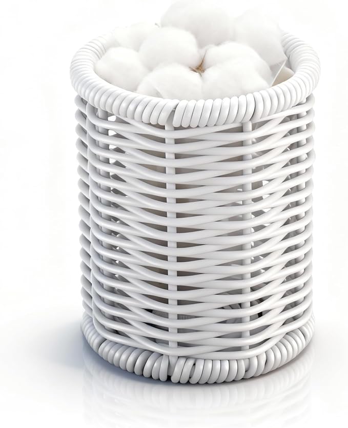 Rattan Jars, Cotton Pad Floss Jar Bathroom Vanity Desk Storage | Hand tight woven solid structure, lightweight & sturdy,Waterproof, easy wipe & rinse clean,fit vanity countertop & washstand