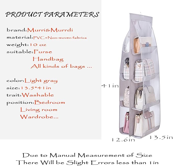 MURRI&MURRDI 1 Pack Hanging Handbag Organizer for Closet, Purse Storage Holder with 8 Easy Access Clear PVC Pockets, Purse Hanger for Wardrobe Space Saving Hanging Bags (Gray)