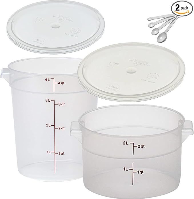 Lumintrail Cambro 2 Quart and 4 Quart Round Food Storage Container, Translucent, with Translucent Lids, Bundle with a Measuring Spoon Set