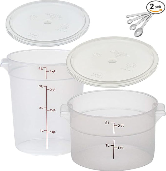 Lumintrail Cambro 2 Quart and 4 Quart Round Food Storage Container, Translucent, with Translucent Lids, Bundle with a Measuring Spoon Set