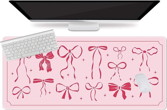 L-SPOUTTO Pink Bow Desk Mat for Keyboard and Mouse,Cute XXL Large Mouse Pad | Non-Slip Keyboard Pad Waterproof Girly Desktop Mat for Laptop Computer Work Game Home Office-Pink Ribbon