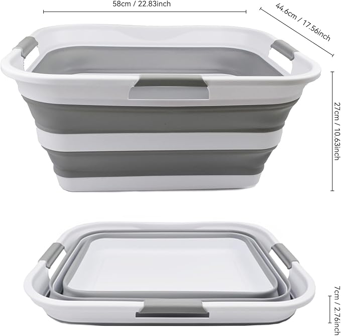 SAMMART 42 (11 Gallons) Collapsible Plastic Laundry Basket, Foldable Pop Up Storage Container/Organizer, Space Saving Hamper, Portable Bin for Dorm Room Bathroom (1, White/Grey)