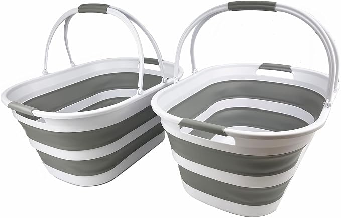 SAMMART 38L (10 Gallons) Collapsible Plastic Laundry Basket - Foldable Storage Container/Organizer - Portable Washing Tub - Space Saving Laundry Hamper (White/Grey (Set of 2))