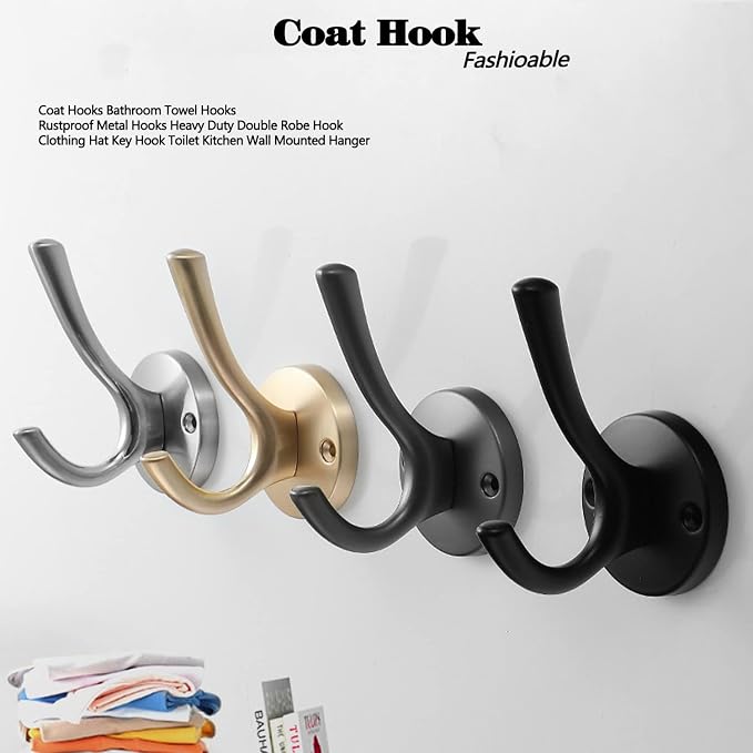 𝑪𝒐𝒂𝒕 𝑯𝒐𝒐𝒌𝒔 Wall Hooks 4 Pcs Towel Hook Heavy Duty Thick Bath Robe Hooks Wall Mount Hooks for Bathroom Kitchen Hotel Bearing 25kg (Black)