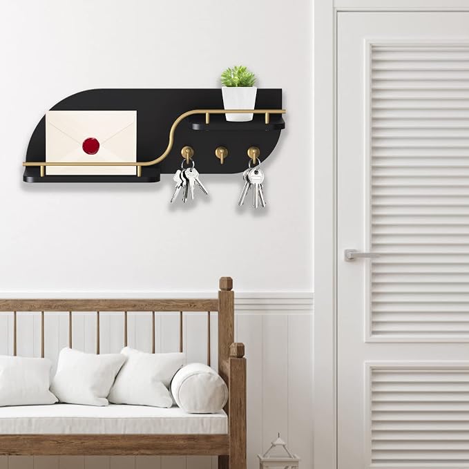 Key Holder for Wall, Decorative Key and Mail Organizer with 3 Metal Hooks and 2 Shelves, Wood Wall Mounted Key Rack for Entryway, Black