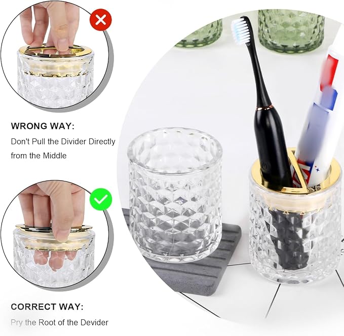 2pcs Clear Glass Toothbrush Holder, Bathroom Tumbler Cups and Toothpaste Holder Set, Tooth Brush Cup Organizer with Gold Divider, Bathroom Toothbrush Cup for Countertop Decor