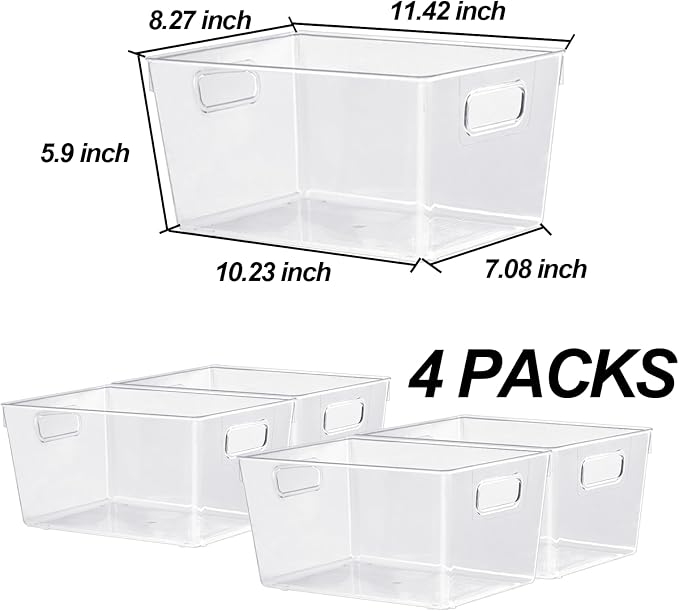 ZEXALOR 4pcs Clear Storage Bins Clear Storage Containers for Kitchen Pantry Organization, Organizing Bins with Built in Handles, Cabinet Organizers