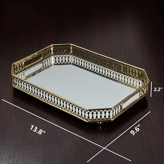 Vintage Gold Mirrored Vanity Tray – Decorative Perfume and Makeup Organizer with Handles for Dresser, Bathroom or Jewelry Display, Large Size 13.8" X 9.6" X2.2"