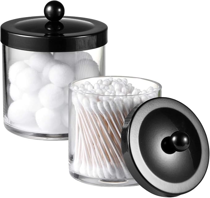 SheeChung 2-Pack Plastic Apothecary Jars with Black Metal Lids-Clear Acrylic Qtip Holder Set-Shatterproof Bathroom Vanity Organizer for Cotton Balls, Swabs, Pads-Modern Farmhouse Chic Decor