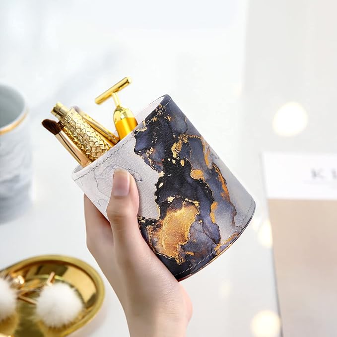Large Capacity Colored Pen Holder for Desk, Leather Pencil Holder Pen Cup Marker Holder Makeup Brush Holders, Desk Accessories & Workspace Organizers for Home, Office, Gold Marble