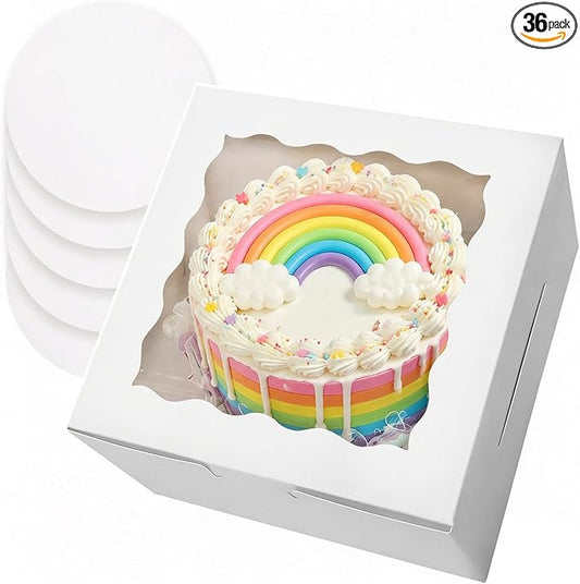 qiqee White 6"x6"x5" Cake Box 36Pcs, 6" White Cake Round Boards 36Pcs, for Cake, Treat Cookie Dessert, Birthday Party