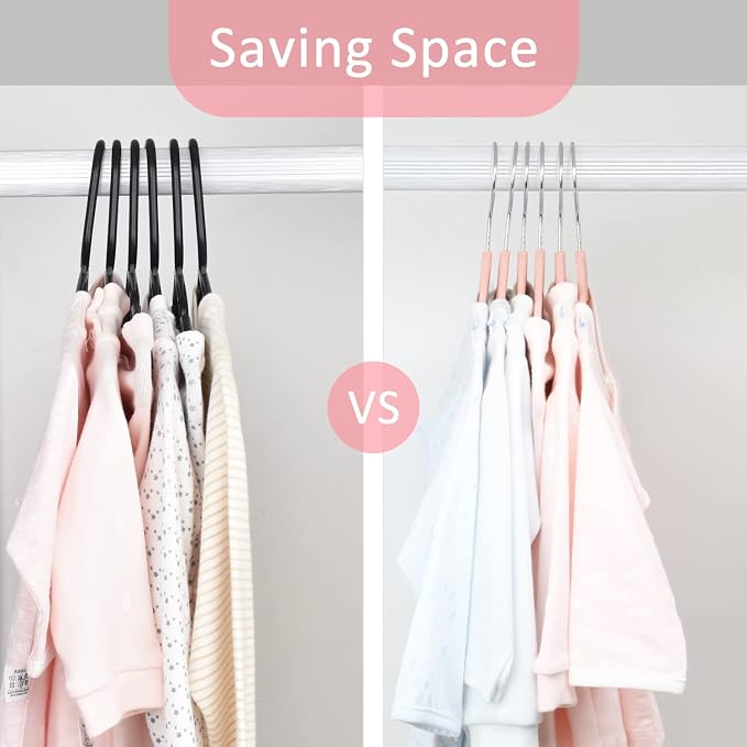 ManGotree 11.8'' Baby Velvet Hangers with Movable Clips, Non-Slip Kids Clothes Hangers, Ultra-Thin Space-Saving Children's Felt Hangers for Shirts, Pants, Dresses, Skirts, Jackets (16 Pack, Pink)