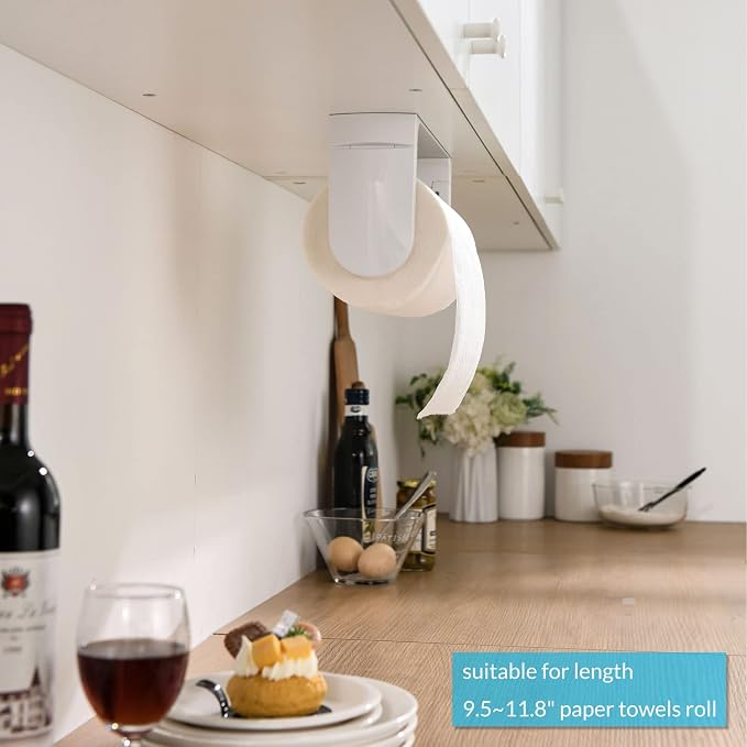 simpletome ONE Hand Simple Tear Paper Towel Holder Under Cabinet (White) | tension arms, tear one/more sheets at one time | aluminum alloy+abs | adhesive or drilling for wall/cabinet | for 28cm roll