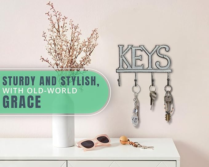 Comfify White Cast Iron Key Holder for Wall – Keys Sign with 4 Hooks | Clean white antique finish; mounting hardware included; entryway, hallway or door; 6"H x 8"L; holds 8 keychains