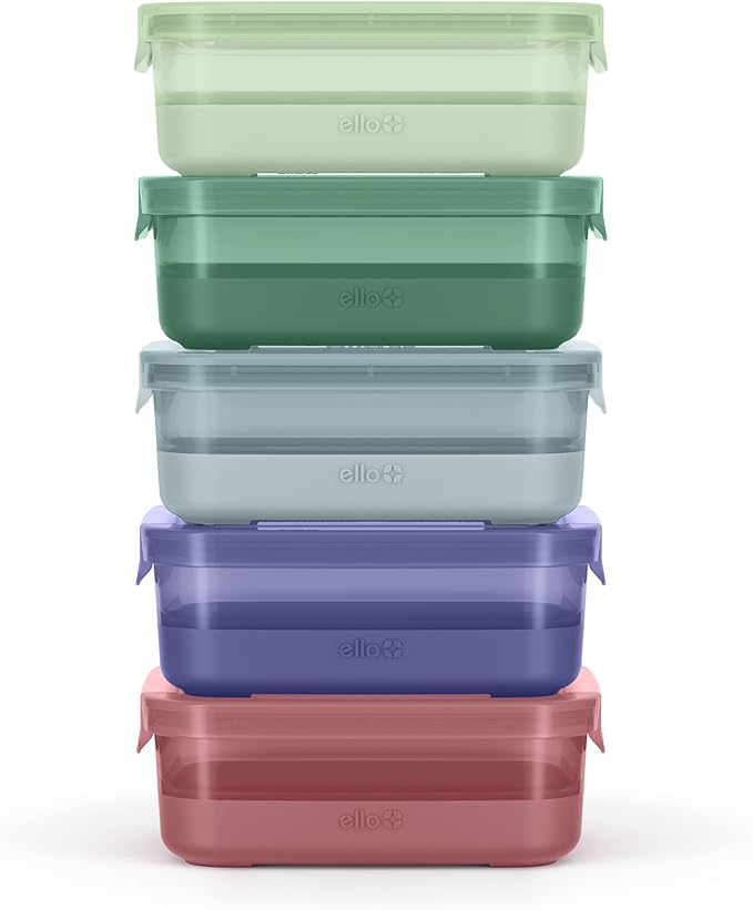 Ello Plastic Meal Prep Set BPA Free Plastic Food Storage Container with Silicone Boot and Airtight Lids, Dishwasher, Microwave, and Freezer Safe.