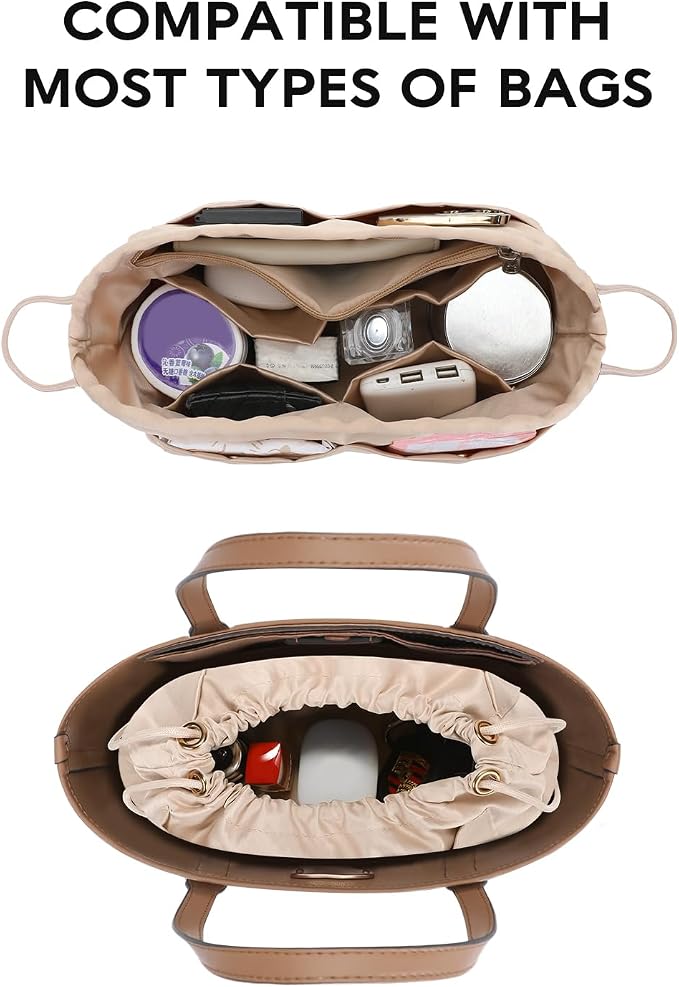 GIVLEFLY Extra Large Purse Organizer Insert, Satin Fabric Handbag Organizer with Multiple Pockets, Drawstring Tote Bag Organizer Insert, Lightweight Bag Insert for Handbags & Tote Bags，Beige