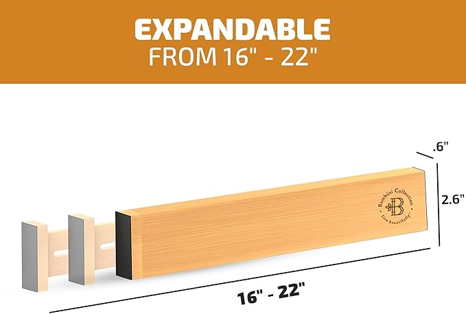 Bamboo Drawer Dividers 6 Pack - Adjustable 16-22 Inch Spring Loaded Deep Drawer Organizer Separators, 2.6 Inch High Non Slip Bamboo Dividers for Kitchen, Dresser, Clothes, Utensils, Bathroom, Office