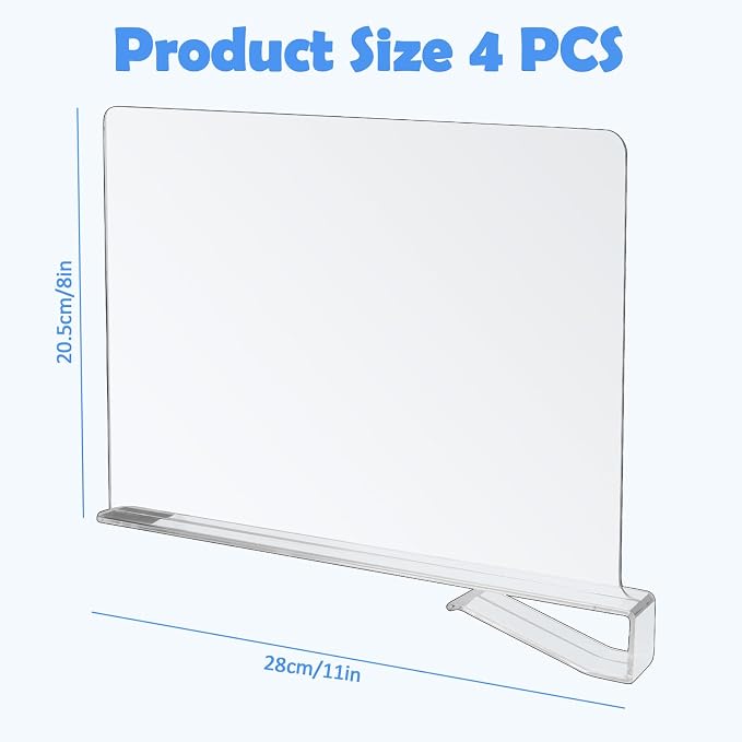 Pack of 4 Acrylic Shelf Dividers Wardrobe, Transparent Divider Shelf, 20 x 28 cm, Multifunctional Pockets Organiser Cupboard, for Kitchen Cabinets, Bookshelves, Cupboards