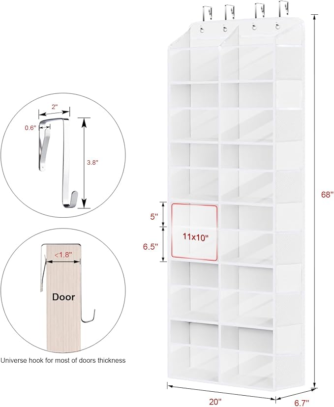 Univivi Over the Door Organizer, 6 Tiers Behind Door Storage with Clear Deep Pockets Hanging Organizer for Closet, Bedroom, Nursery, Bathroom and Sundries (White)
