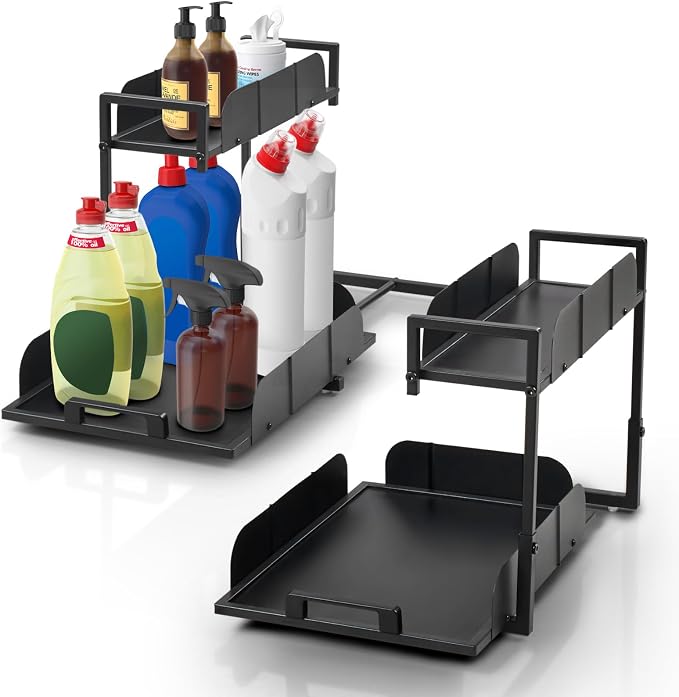Under Kitchen Sink Organizer, 2 Tier Metal Pull Out, 2 Pack | Sliding Drawer, Heavy Duty, Bathroom Organizers and Storage Shelf, For Home, Laundry, Office