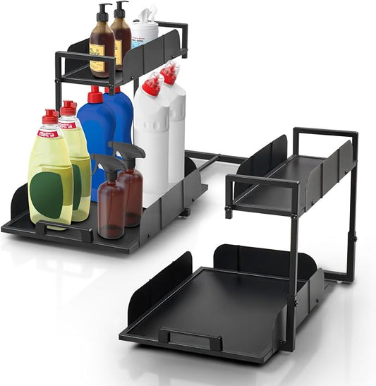 Under Kitchen Sink Organizer, 2 Tier Metal Pull Out, 2 Pack | Sliding Drawer, Heavy Duty, Bathroom Organizers and Storage Shelf, For Home, Laundry, Office