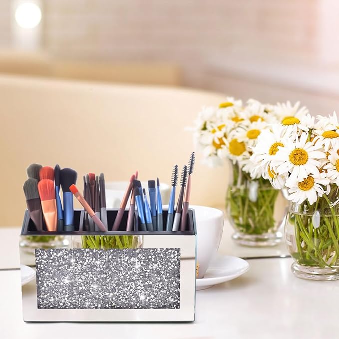 Crystal Crushed Diamond Silver Makeup Brush Holder Organizer, 3 Slot Mirrored Cosmetics Brushes Storage Case, Cute Pen and Pencil Glass Holder, Eyeliners Display Case