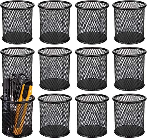 Nicunom 12 Pack Metal Pen Holder Wire Mesh Pen Cup Pencil Holder Pencil Cup for Desk Office Pen Organizer, Black