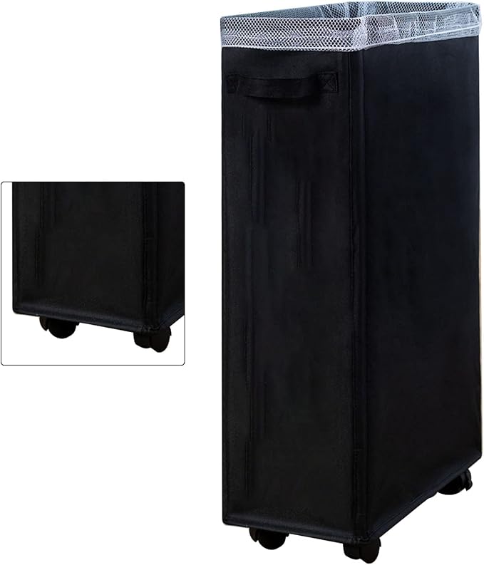 Slim Laundry Basket with Wheels Foldable Sorter and Organizer on Wheels Large Dirty and Thin Fabric Storage Basket for Household Items (Black)