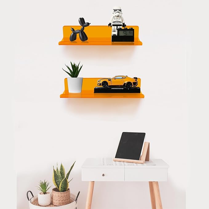 ROYALITA 2-Pack Small Acrylic Shelves Wall Mounted, 12 in Display Shelves | for Small Items, Plants, Room Decor Floating Wall Shelves for Gaming Room, Bedroom, Living Room, Office, Orange